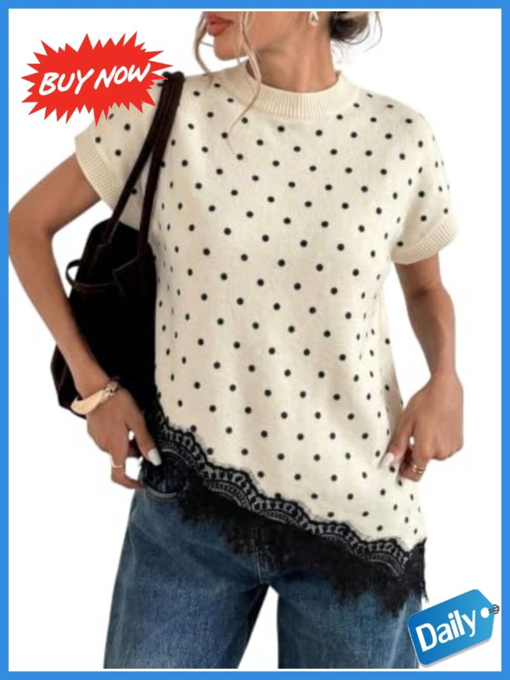 Polka Dot Lace Trim Short Sleeve Sweater Vest Mock Neck Pullover
